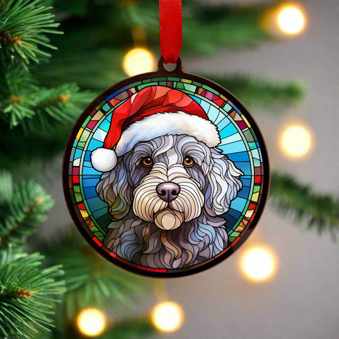 Labradoodle Grey in Santa Hat Suncatcher Decoration